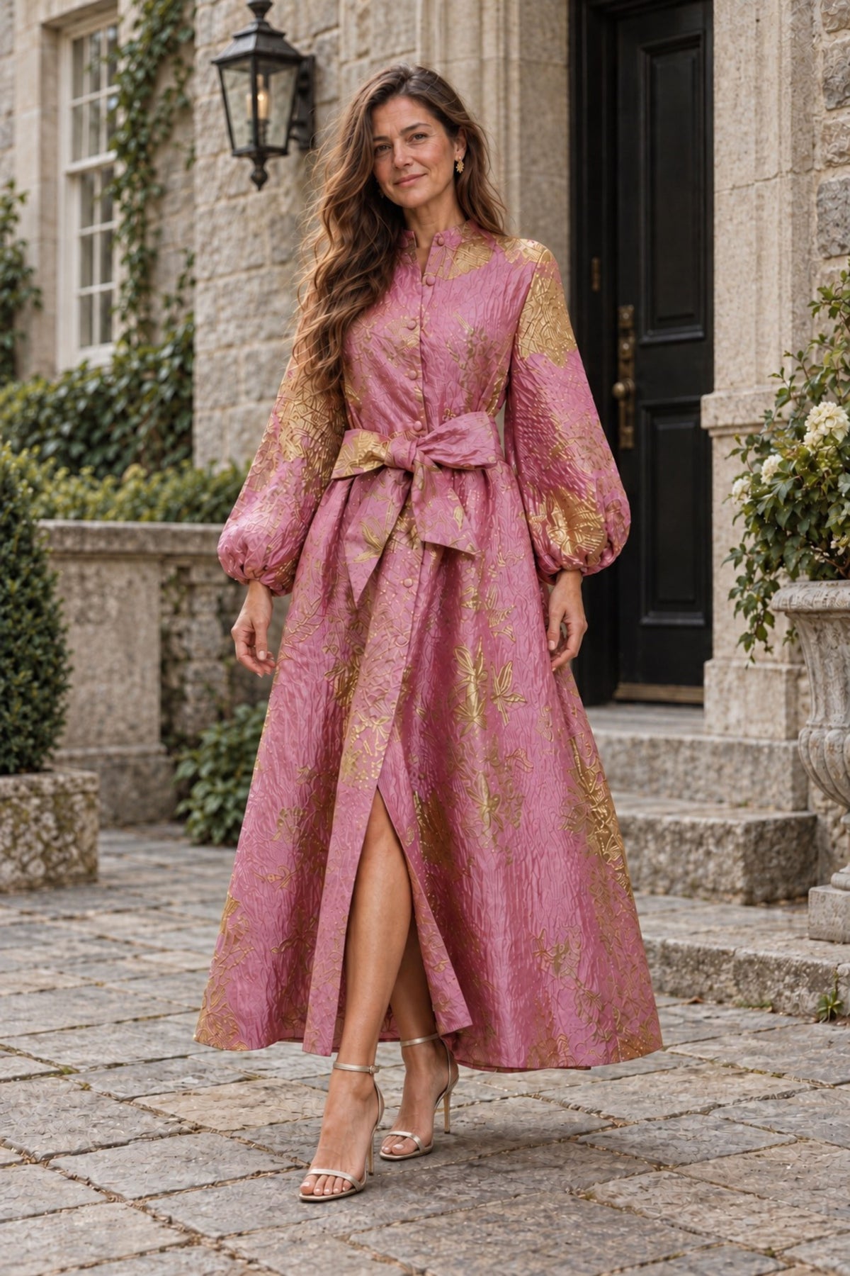 Pink & Gold Floral Brocade Maxi Dress