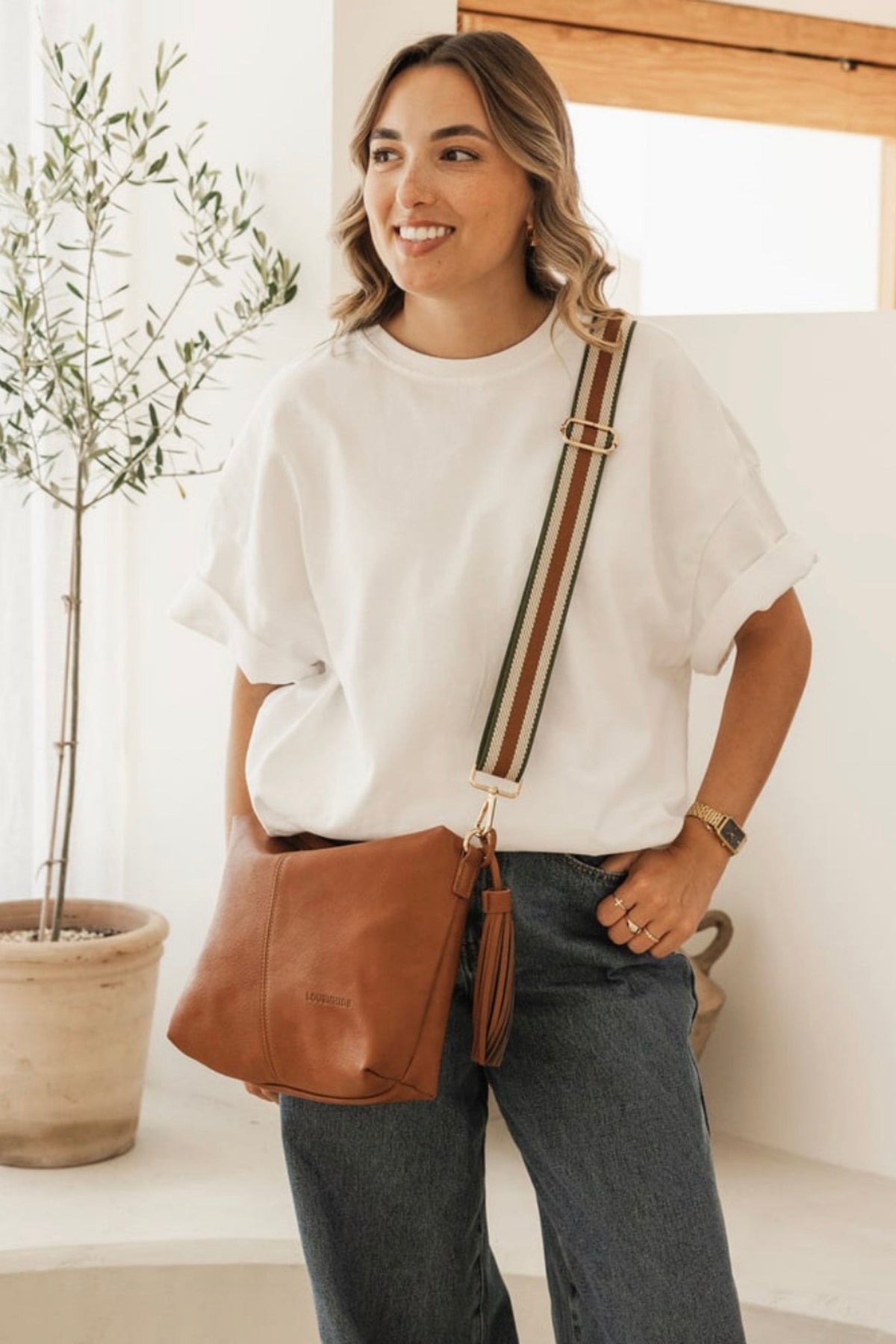 Daisy Stripe Tan Crossbody Bag