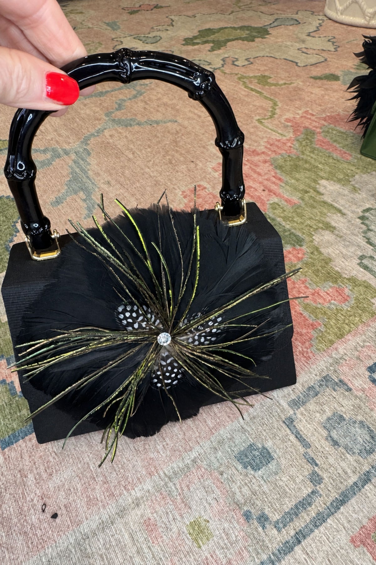 Black Lulu Clutch with Gold Feather Flecks and Black Handle