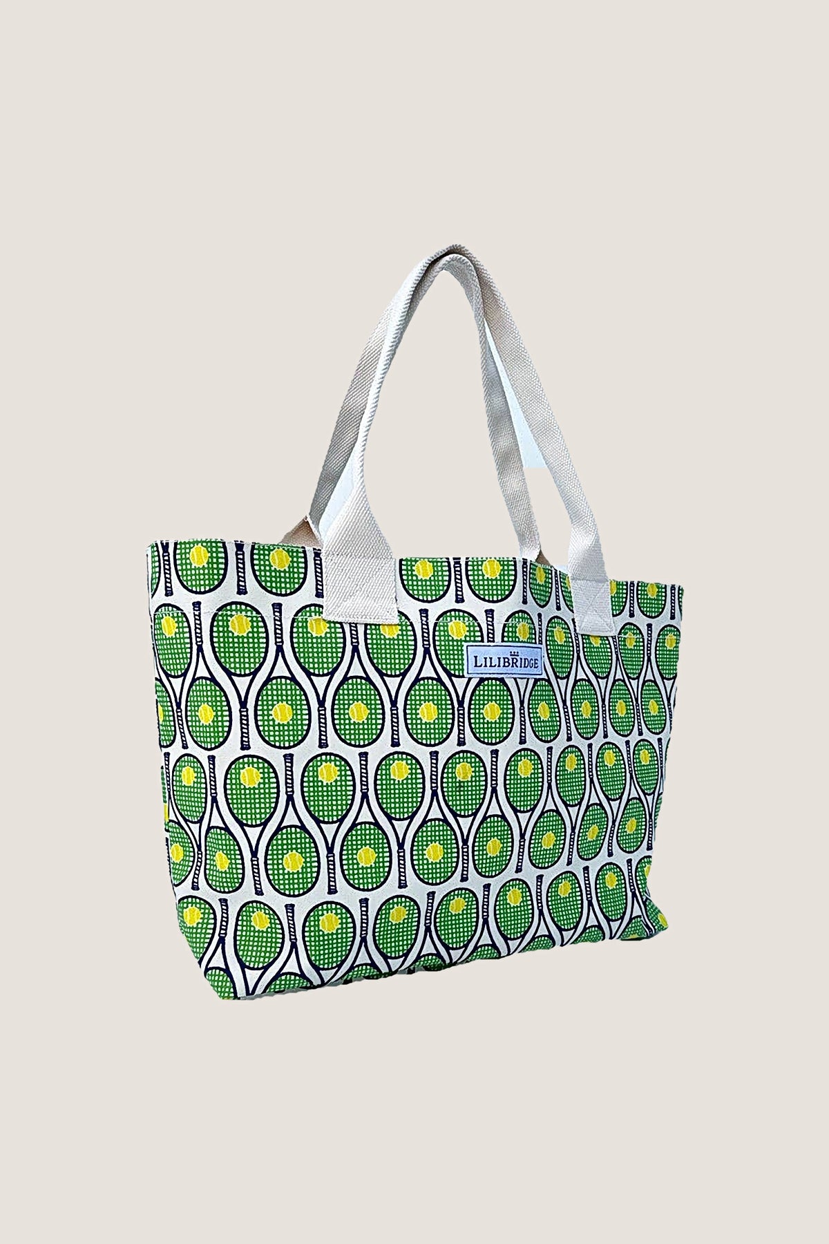 The Live & Love Tote in the Tennis print at a three-quarter angle, showing its depth.