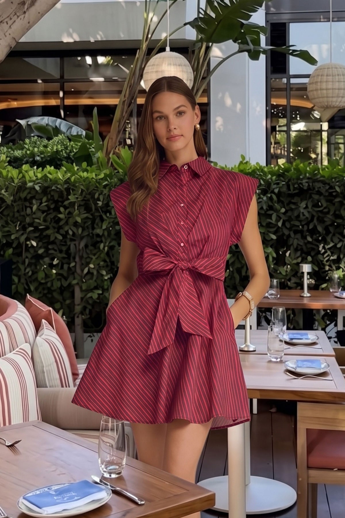 A woman models a capsleve raspberry  and brown vertically striped shirt dress with a tie waist, set in an outdoor patio dining environment.