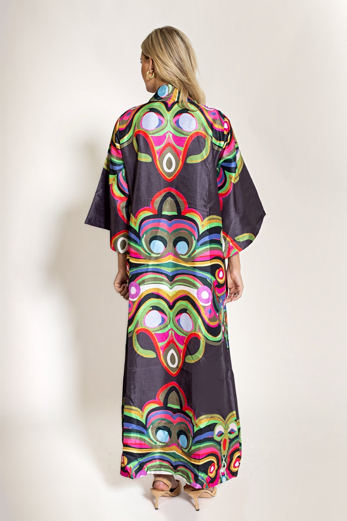The back of the Merriweather Darling Dress, full length, showing the print running down the back.