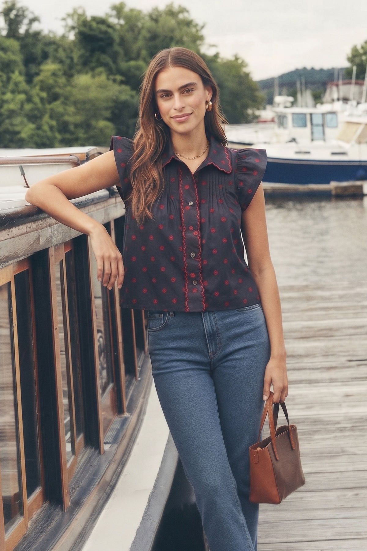 A woman stands on a wooden dock by the water wearing a sleeveless dark red button-up blouse with red and navy polka dots, paired with blue jeans and holding a brown leather handbag.