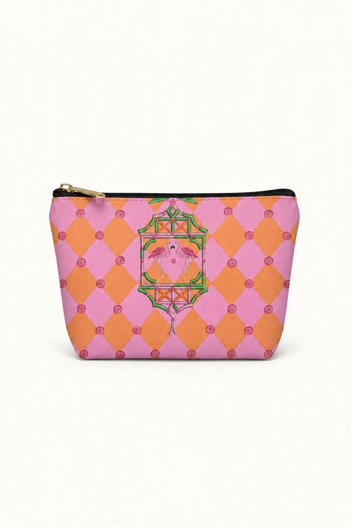 The Palm Beach Pagoda mahjong tile bag in pink and orange harlequin with a green pagoda and flamingos, shown from the front.
