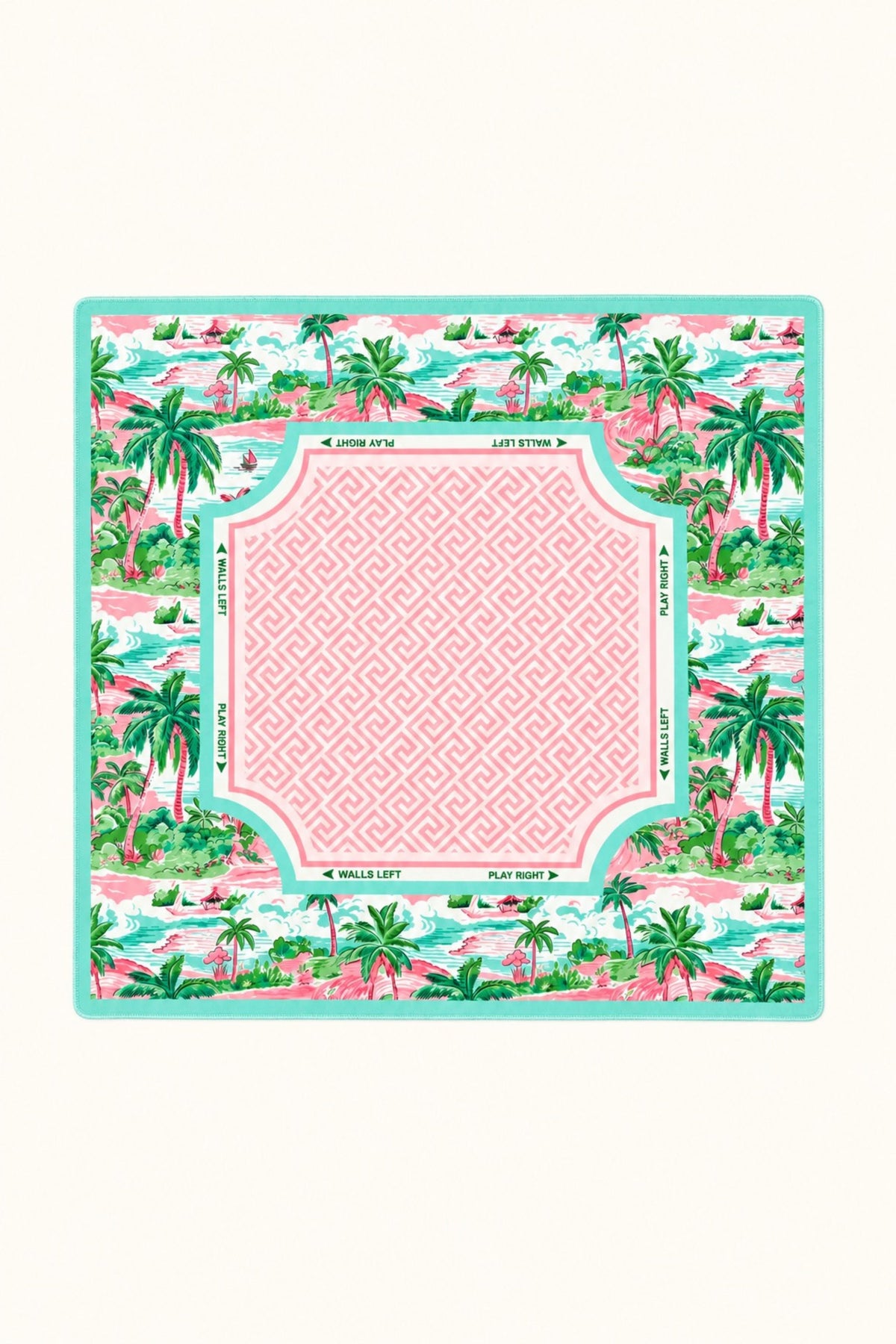 Front of a mahjong mat that has palm trees and a beach scene