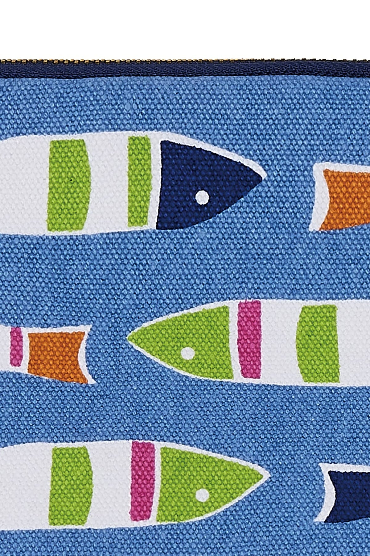 A close-up of the Picket Fish wristlet's blue canvas printed with striped fish.
