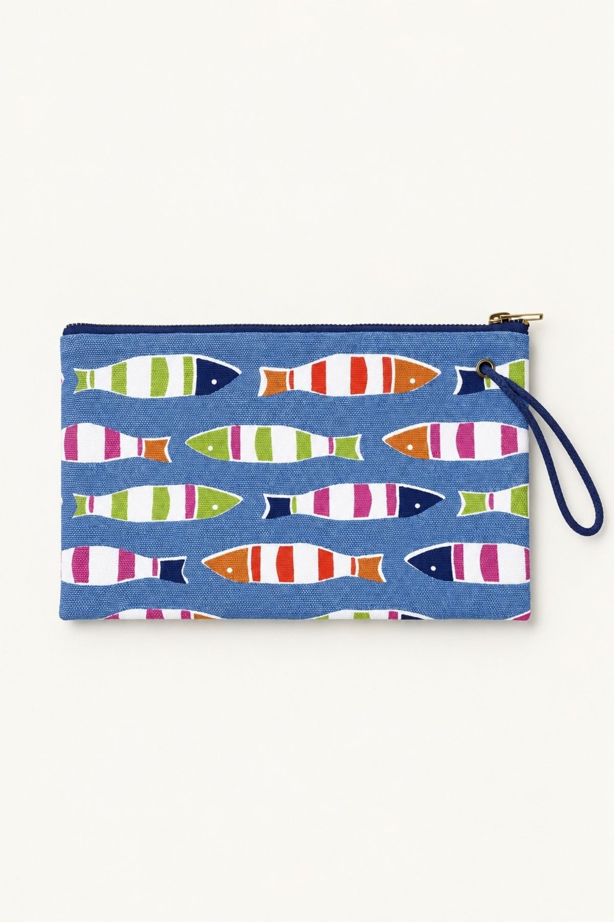 The Picket Fish wristlet in blue with rows of striped fish and a navy wrist strap, shown from the front.