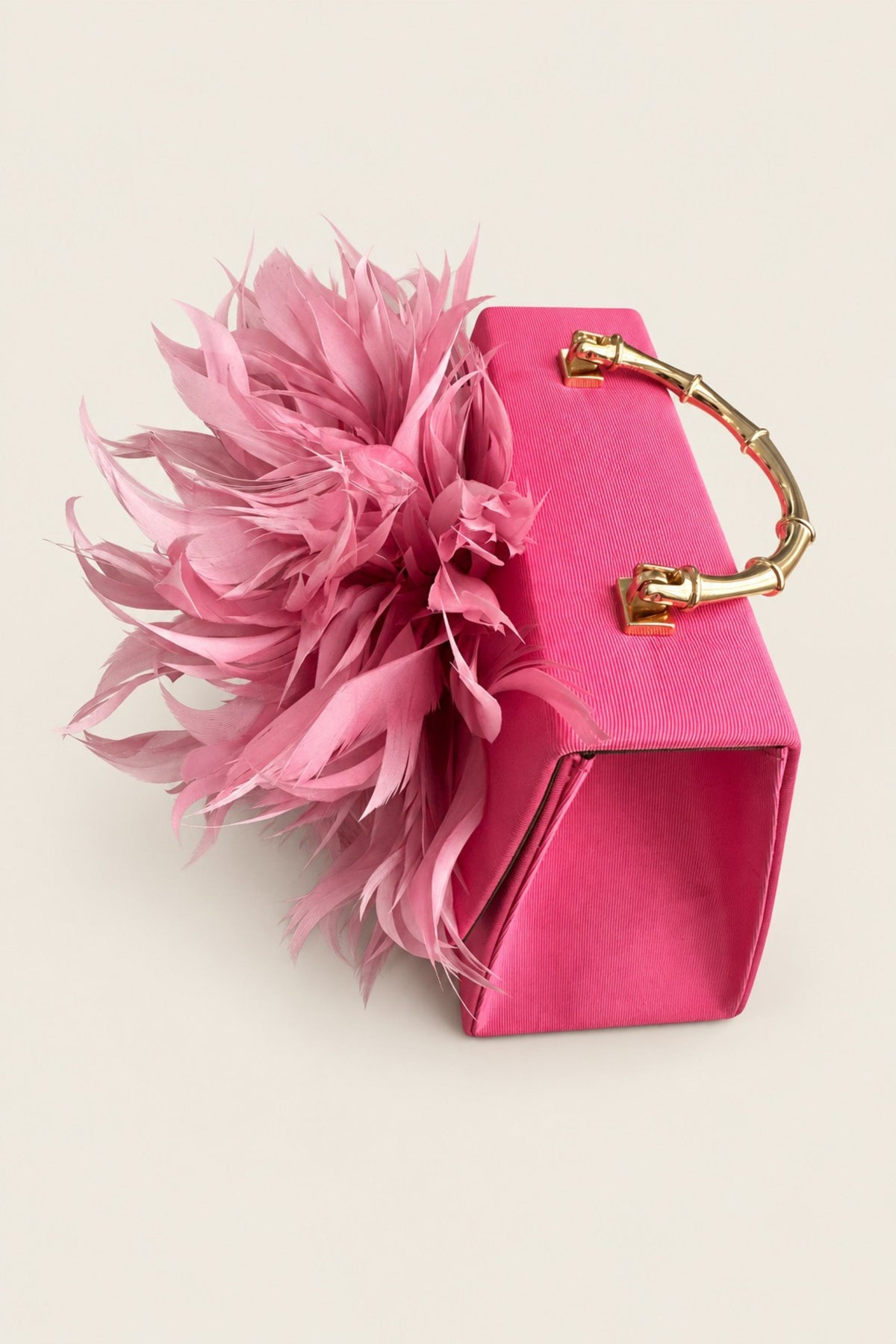 A hot pink structured clutch handbag with a large matching pink feather embellishment on the front, featuring a gold bamboo-style top handle, set against a solid light beige background.