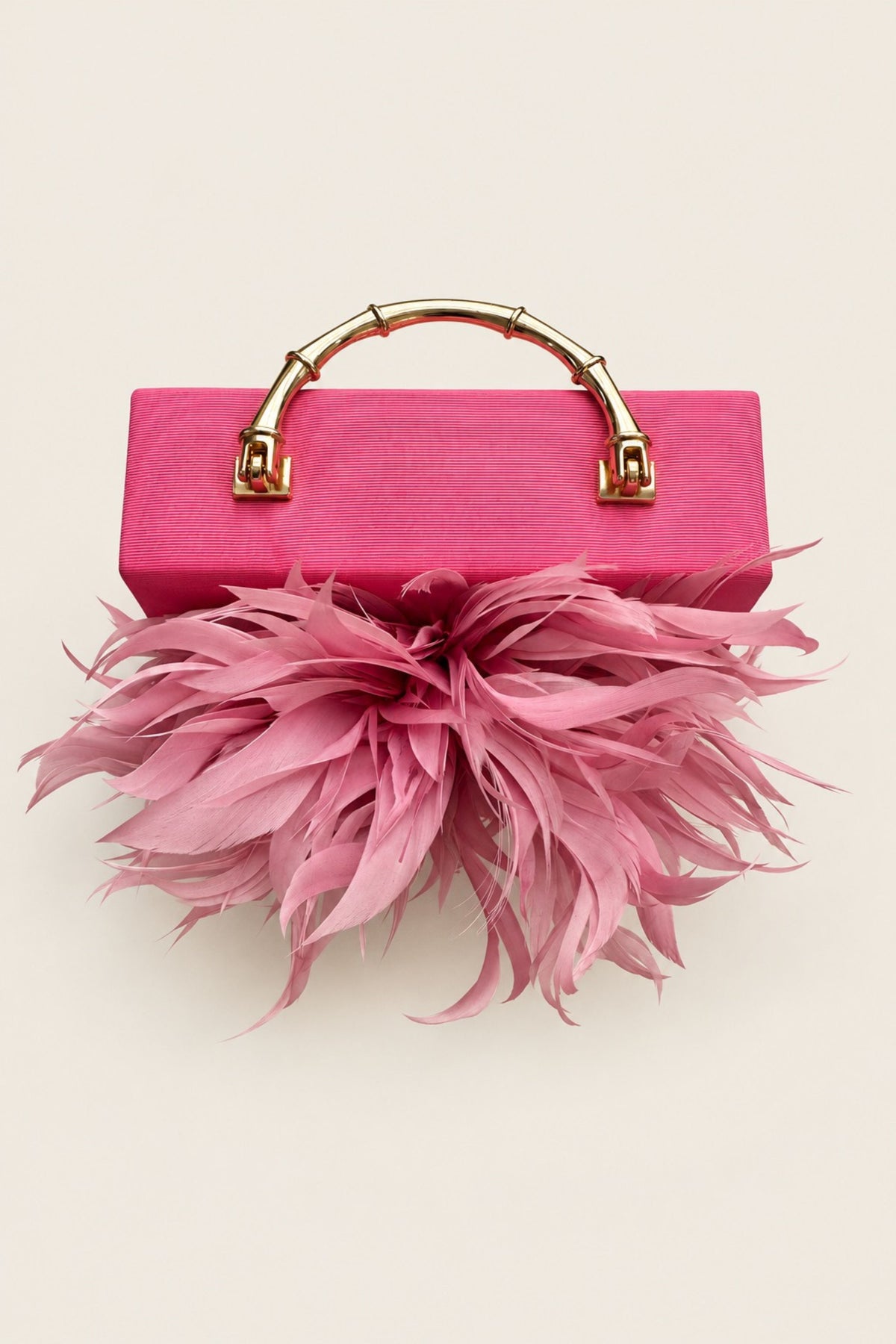 A bright pink rectangular handbag with a gold bamboo-style top handle and a large matching pink feather embellishment in front, shown on a plain light beige background.