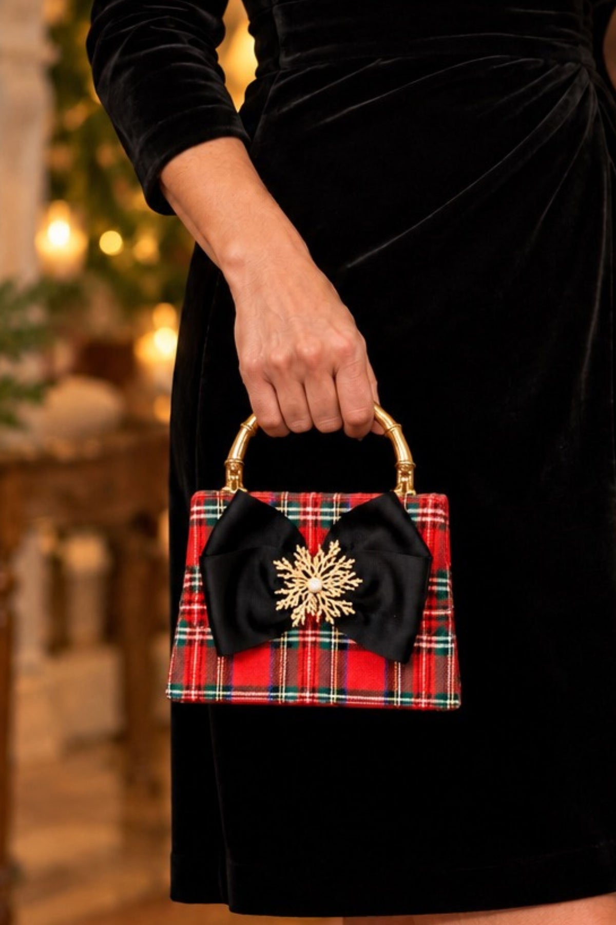 Plaid Lulu with Gold Bamboo Handle and Black Bow Clutch
