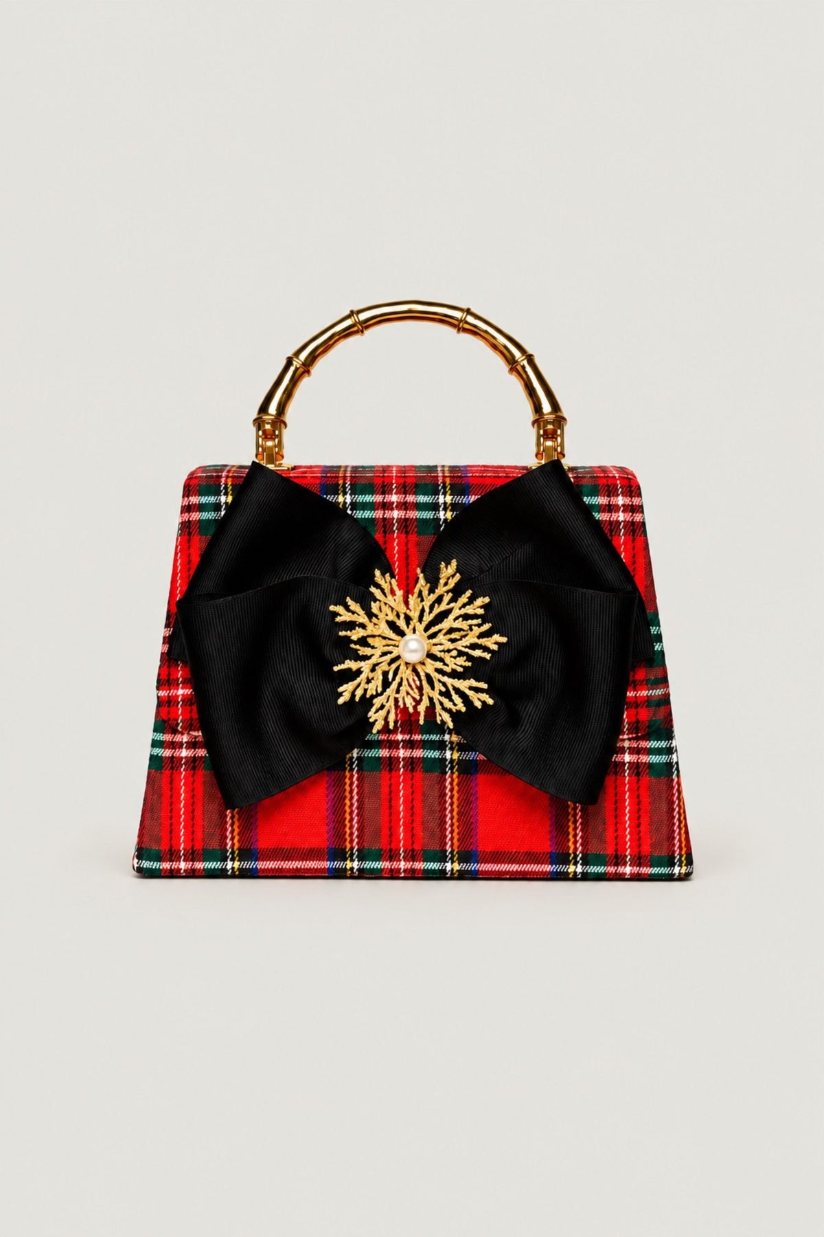 Plaid Lulu with Gold Bamboo Handle and Black Bow Clutch