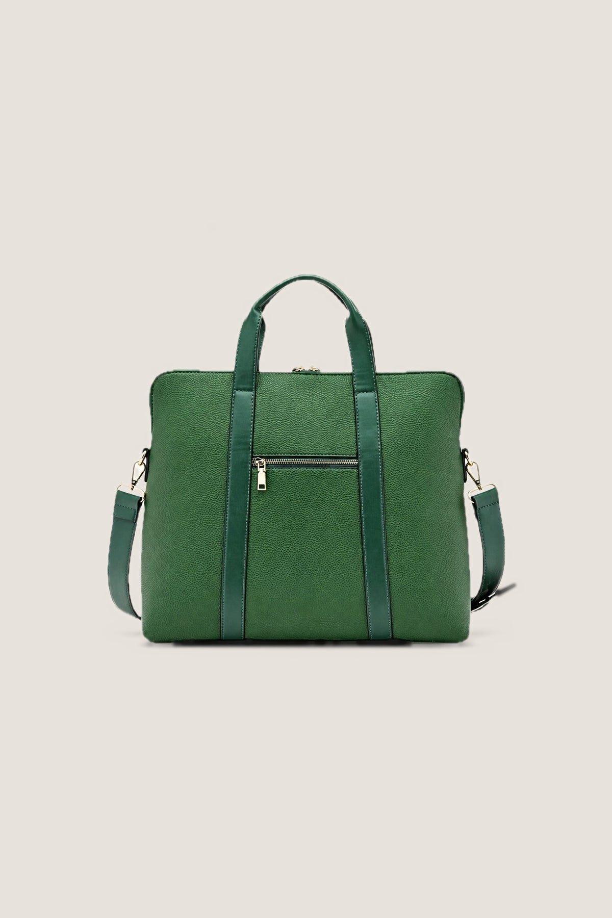 The back of the green Rhodes Laptop Bag with its full-width zip pocket.