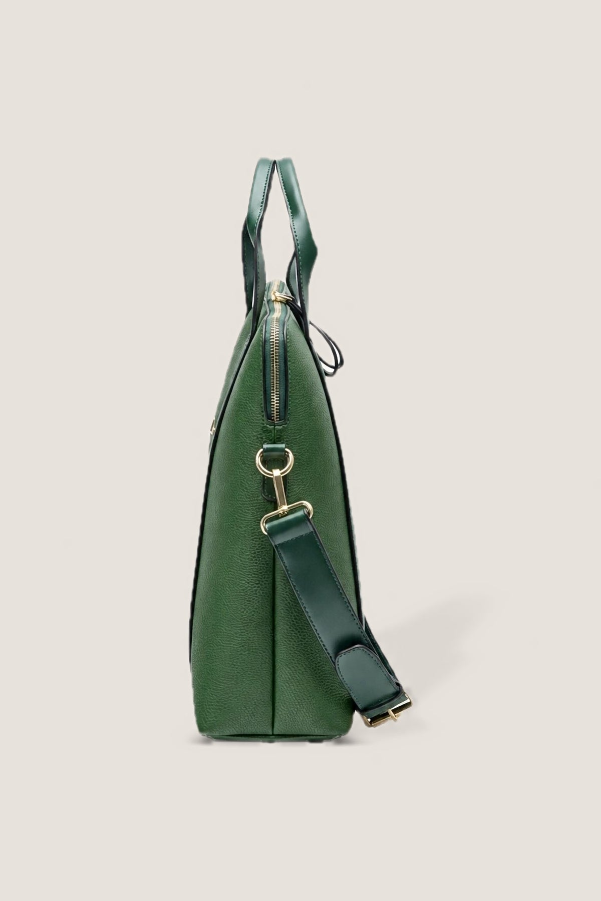 The green Rhodes Laptop Bag from the side with its strap clipped on.