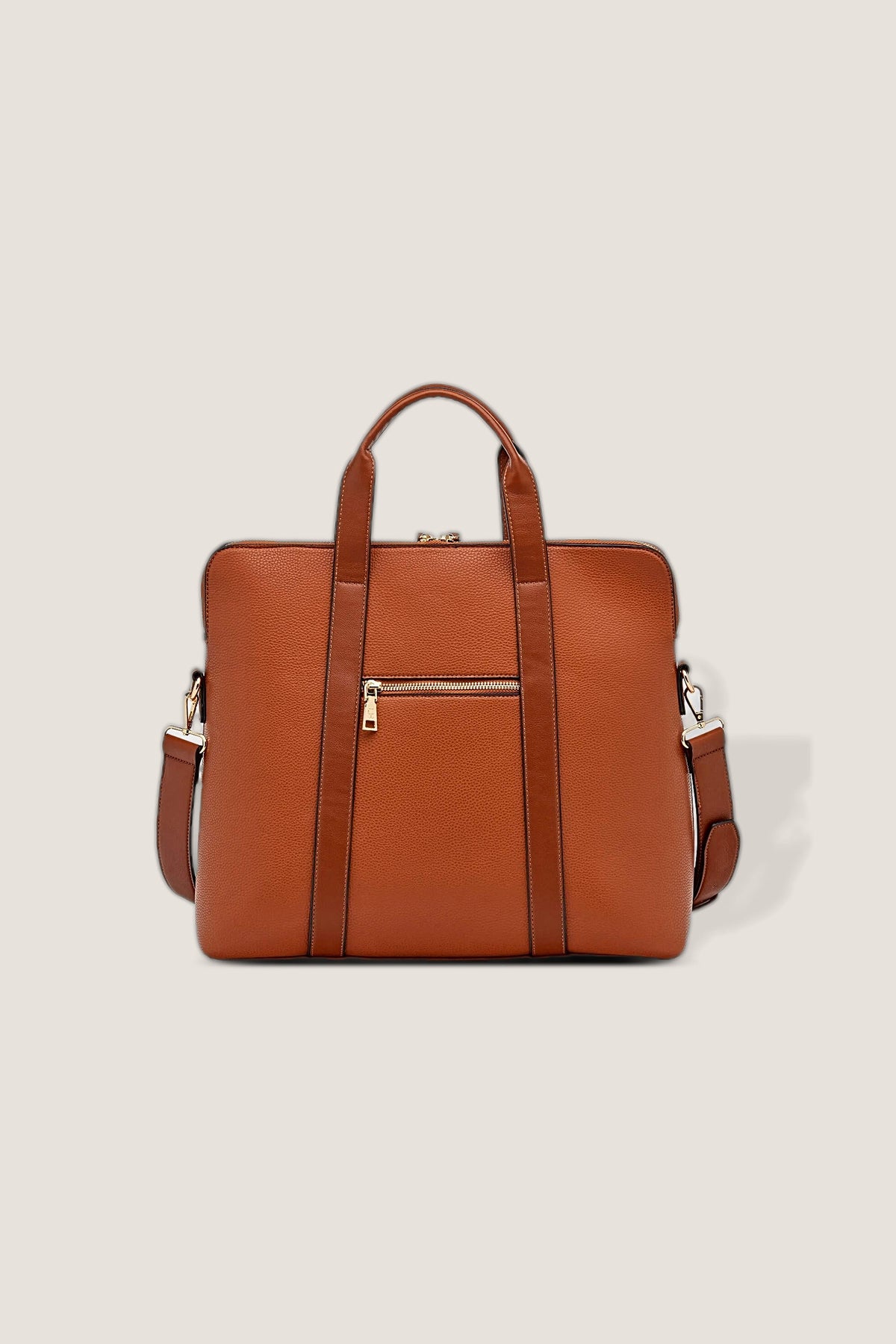 The back of the tan Rhodes Laptop Bag with its full-width zip pocket.