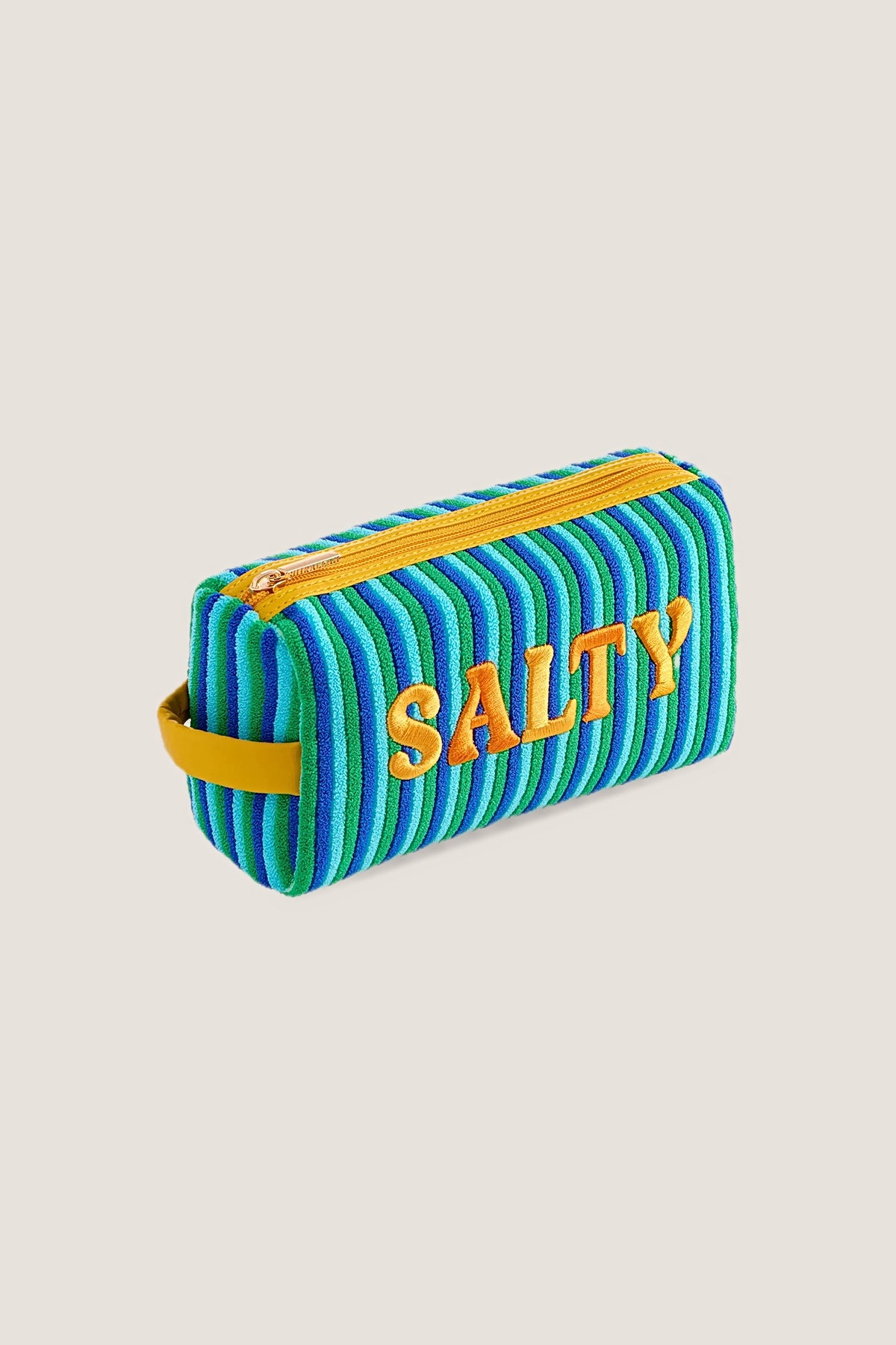 Salty small zip pouch in blue and green stripes with orange 'SALTY' lettering and a yellow side handle.