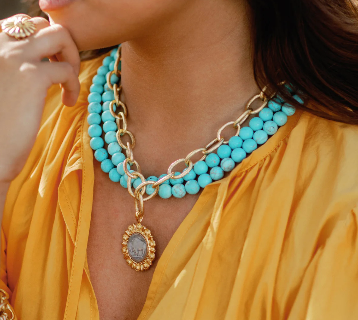 Gold and Buffalo Nickel on 3 Row Matte Turquoise Necklace