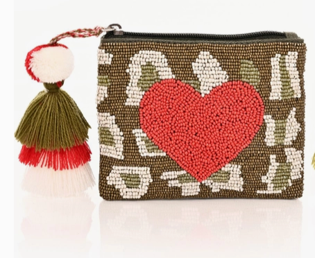 Red Heart Green Leopard Beaded Coin Pouch