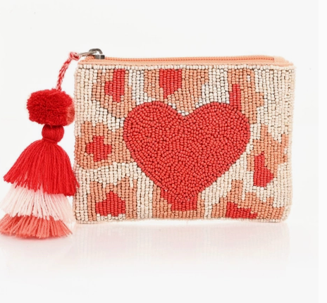 Pink and Red Heart Leopard Beaded Coin Pouch
