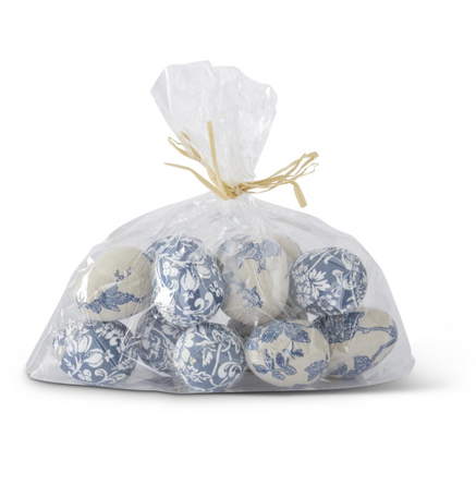 2" Blue & White Floral Fabric Eggs in Bag, 12 qty