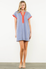 Short Sleeve Striped Dotted Dress – Blue Seersucker by THML