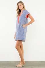 Short Sleeve Striped Dotted Dress – Blue Seersucker by THML