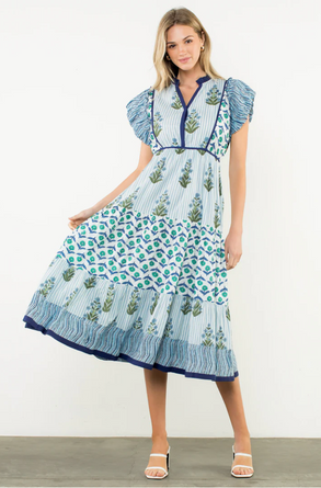 Taylor Flutter Sleeve Flower Maxi THML Dress in Blue