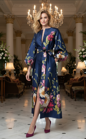 Floral Puff Sleeve Maxi Dress in Navy