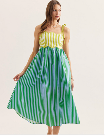 Kiwi Striped Scallop Sleeveless Midi Dress