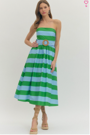 Palm Beach Stripe Strapless Midi Dress – Green & Blue
