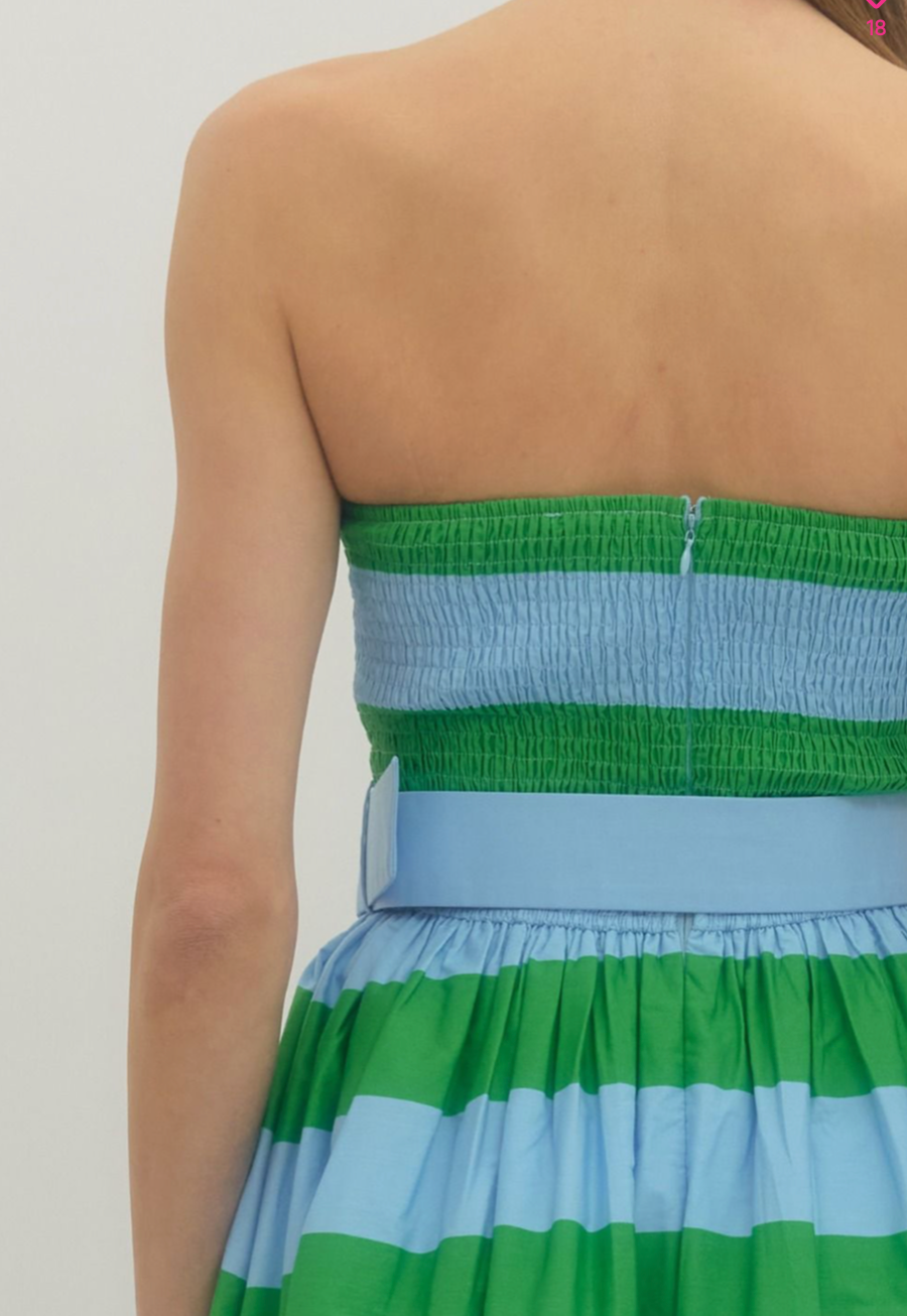 Palm Beach Stripe Strapless Midi Dress – Green & Blue