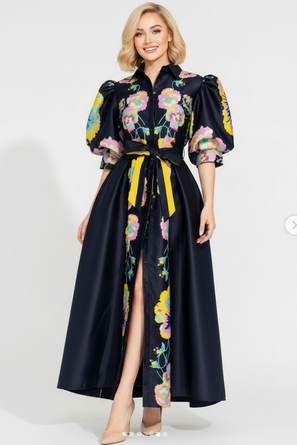 Mikado Floral Puff Short Sleeve Mikado Dress
