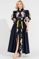 Mikado Floral Puff Short Sleeve Mikado Dress