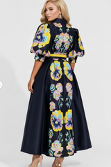 Mikado Floral Puff Short Sleeve Mikado Dress