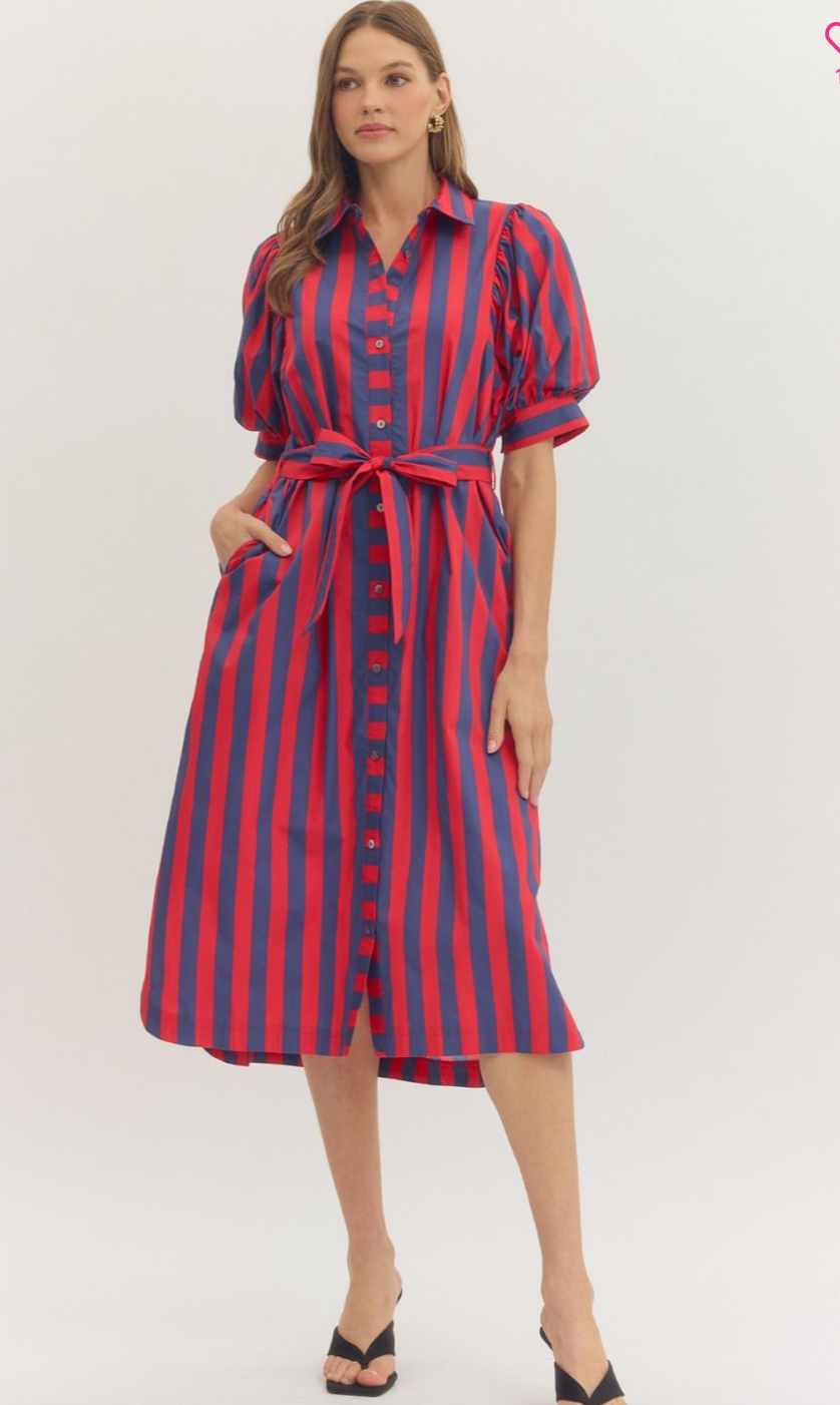 Harbor Stripe Puff Sleeve Midi Dress