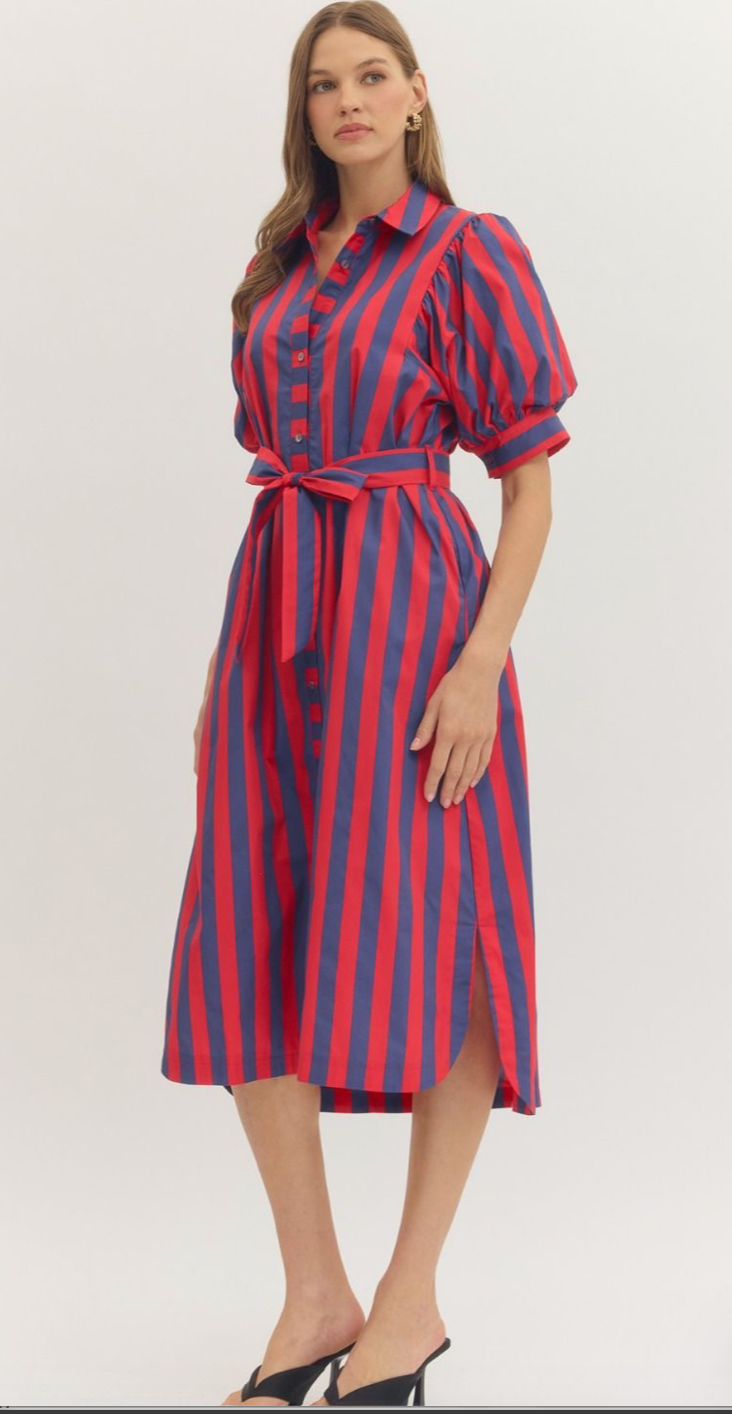 Harbor Stripe Puff Sleeve Midi Dress