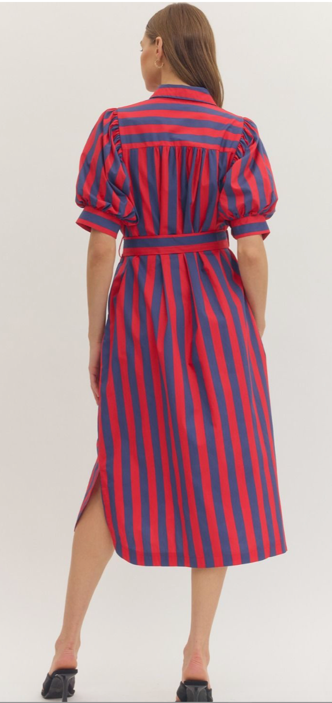 Harbor Stripe Puff Sleeve Midi Dress