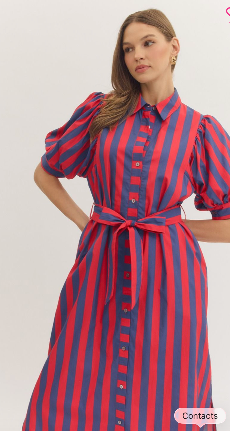 Harbor Stripe Puff Sleeve Midi Dress