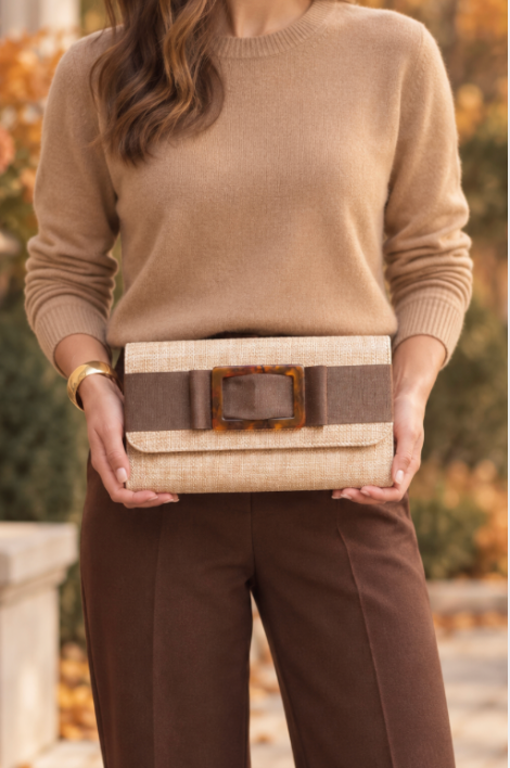 Avery Black Bow Clutch with Tortoise Buckle