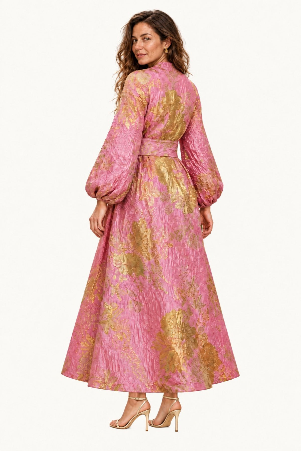 Pink & Gold Floral Brocade Maxi Dress