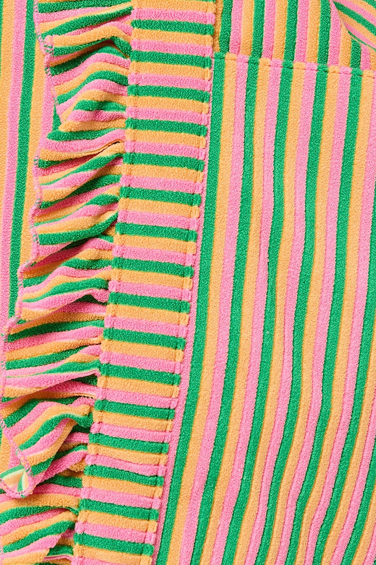 A close view of the Sirena Tote's looped terry fabric and ruffle trim in pink, orange and green stripes.