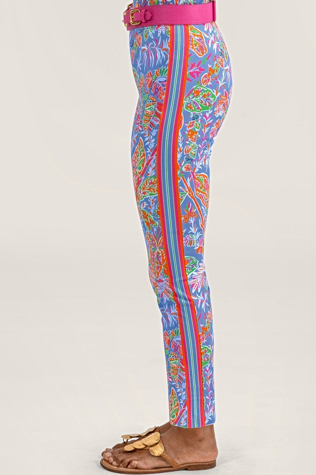Side view of the periwinkle vine print pull-on pants, showing the striped contrast side band.