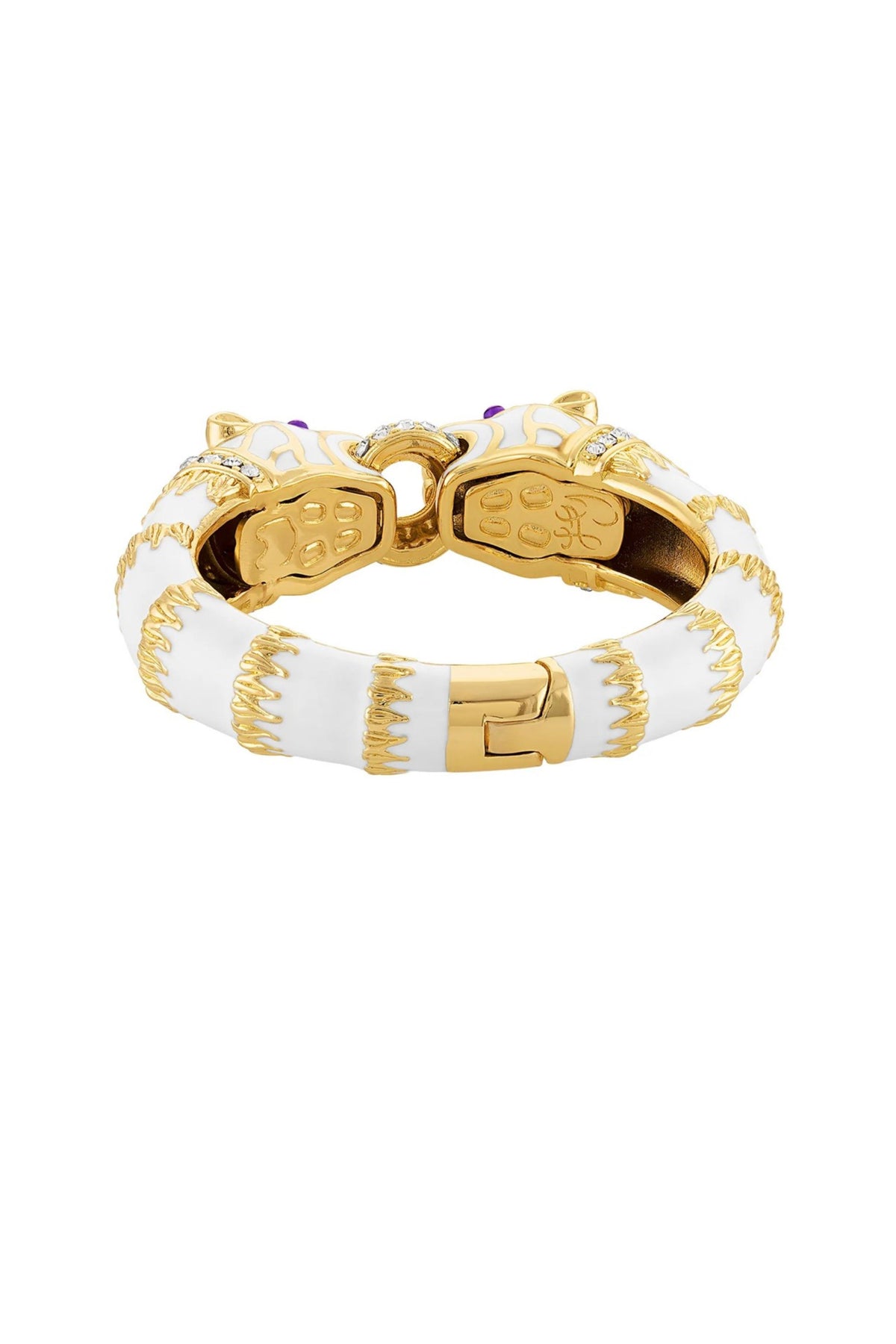 A gold and white bracelet featuring a segmented design with gold-tone metal links, white enamel sections, and small purple gemstone accents on a plain white background.