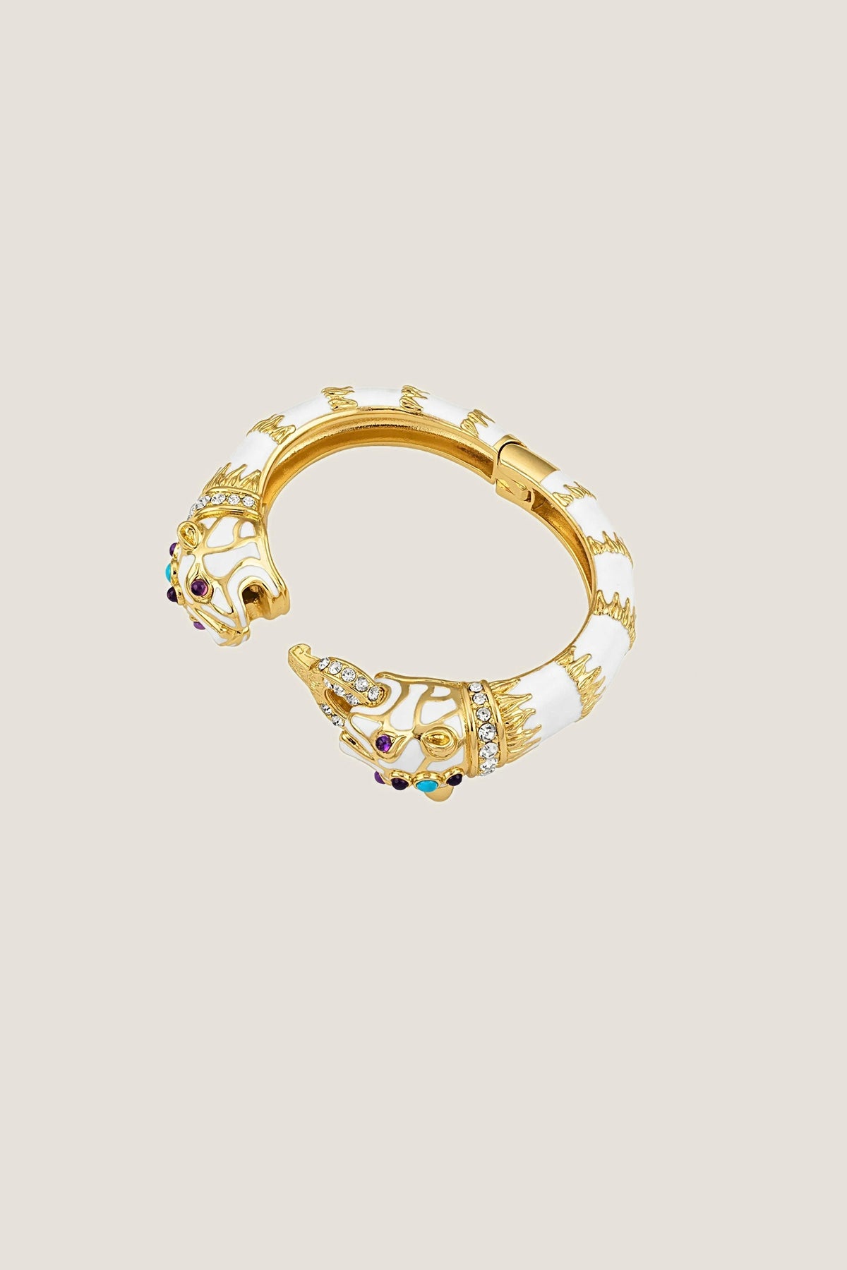 White Enamel Double Panther Bracelet hinged open, showing how the bangle opens to slip on.