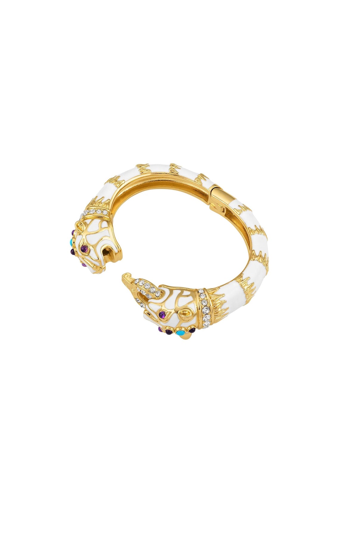 A gold and white enamel cuff bracelet with detailed filigree goldwork, small clear rhinestones, and tiny multicolor gemstone accents on a plain white background.