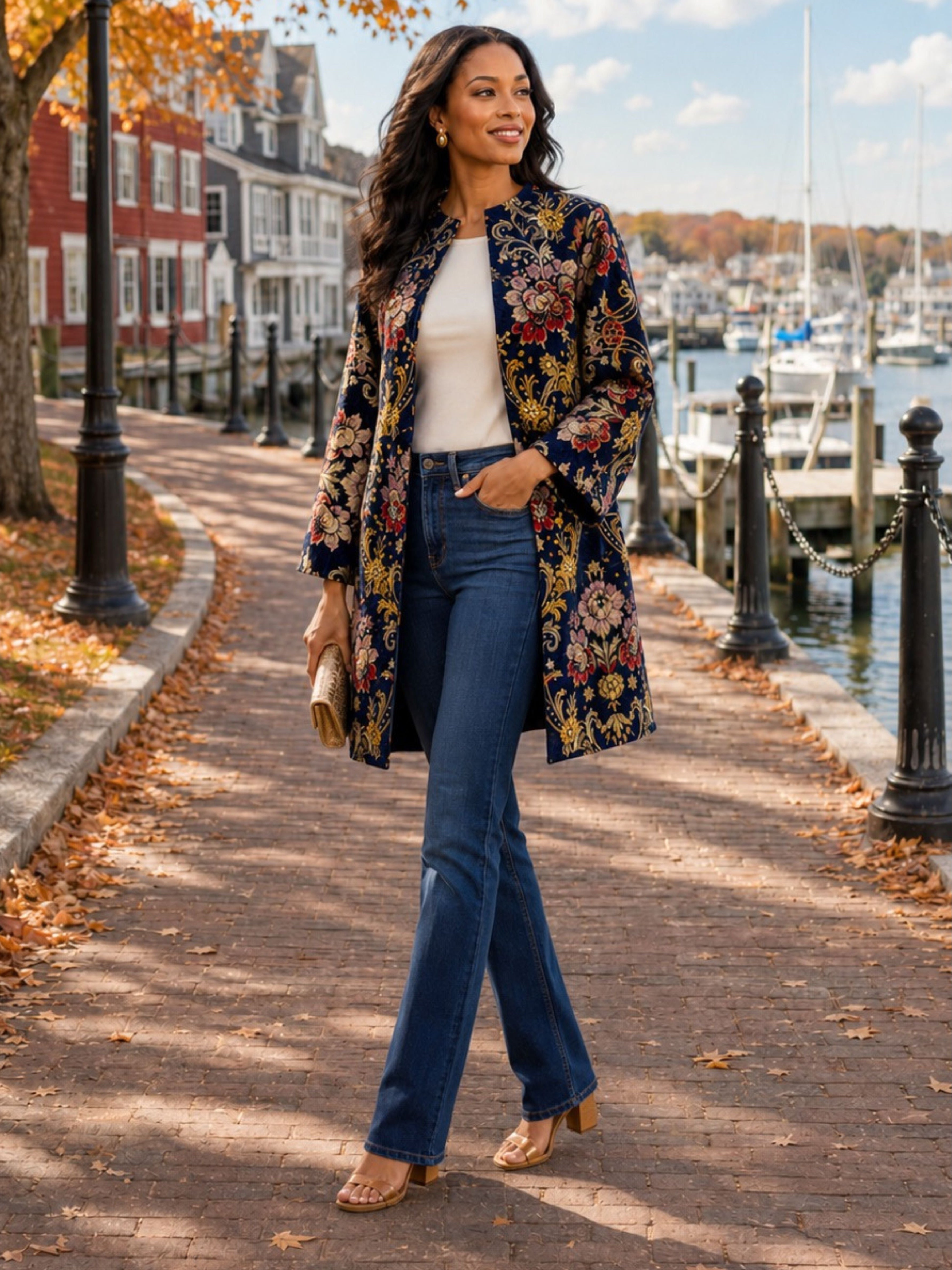A woman stands on a brick waterfront walkway wearing a long-sleeve floral patterned jacket over a white top and blue flared jeans, with tan heeled sandals.