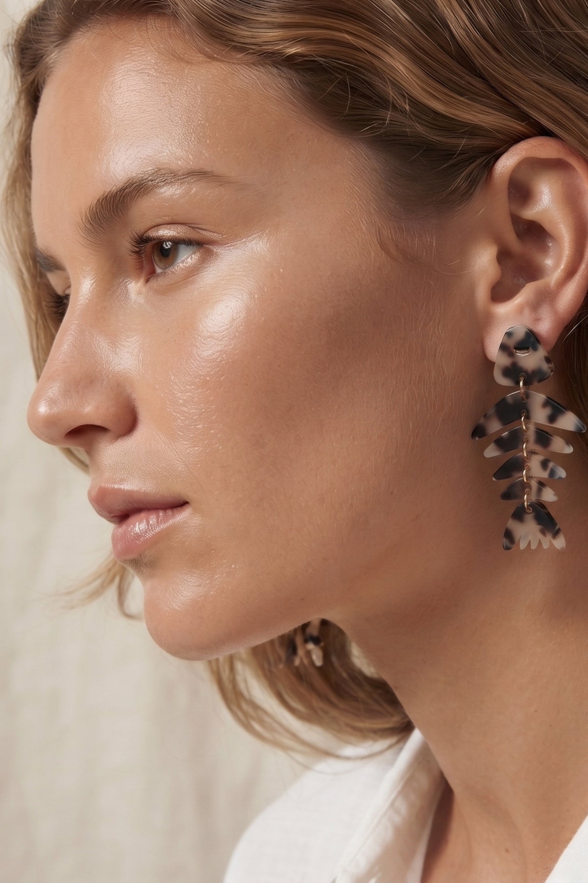 Bonefish Monstera Acrylic Drop Earrings worn