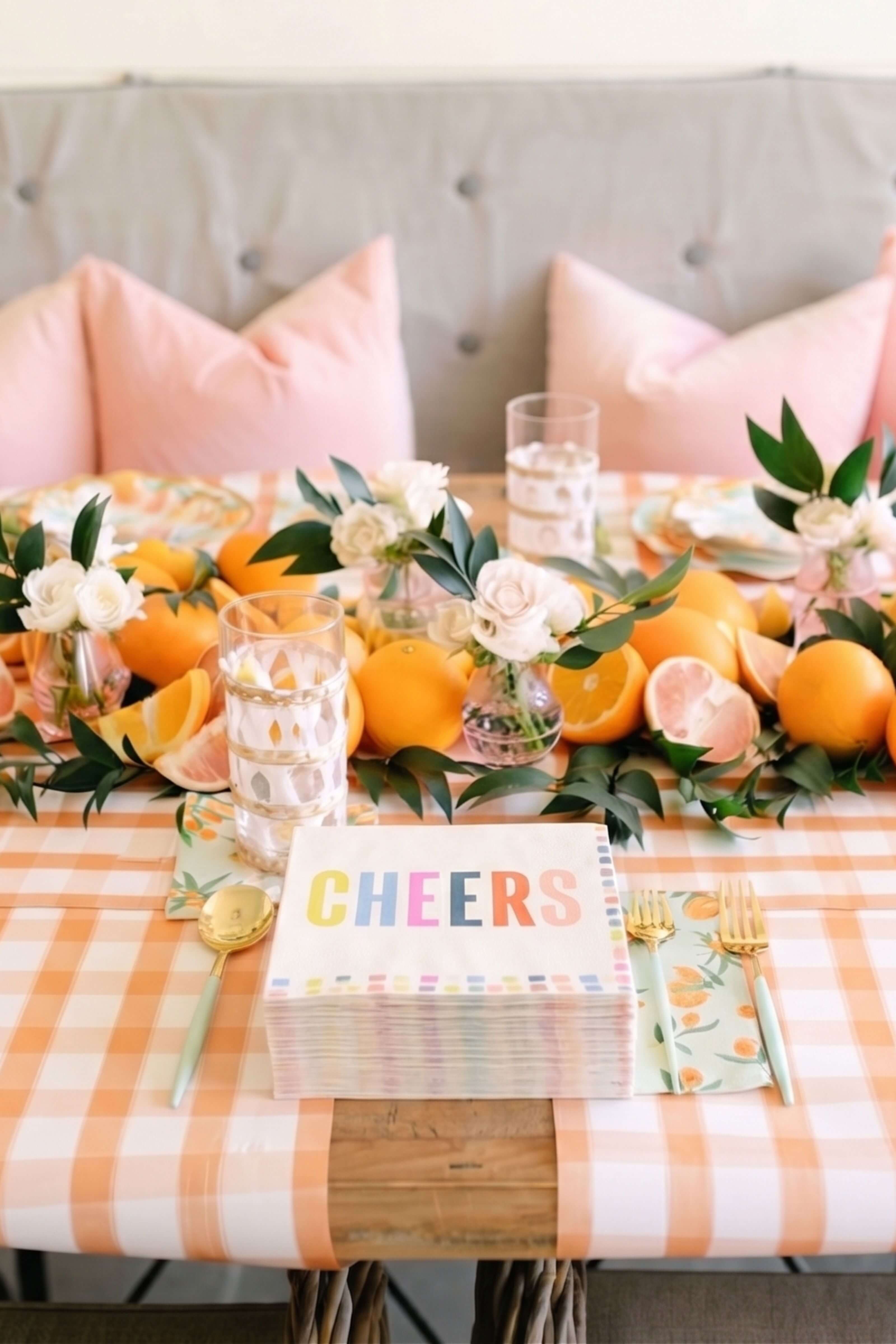 A styled table setting with a peach and white gingham tablecloth, fresh oranges, white flowers, greenery, pink pillows, and a stack of paper napkins printed with the word 'CHEERS' in colorful letters.