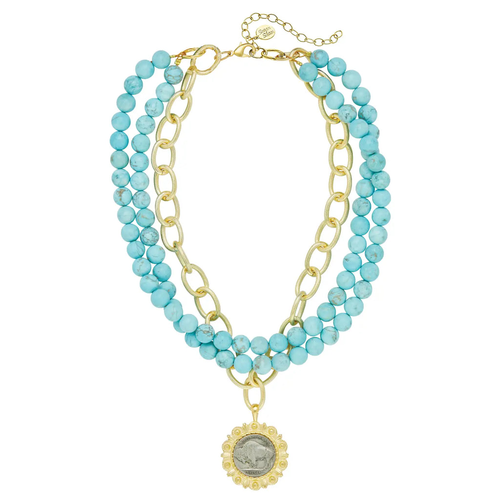 Gold and Buffalo Nickel on 3 Row Matte Turquoise Necklace