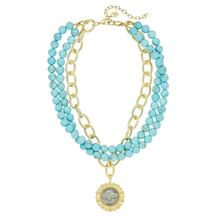 Gold and Buffalo Nickel on 3 Row Matte Turquoise Necklace