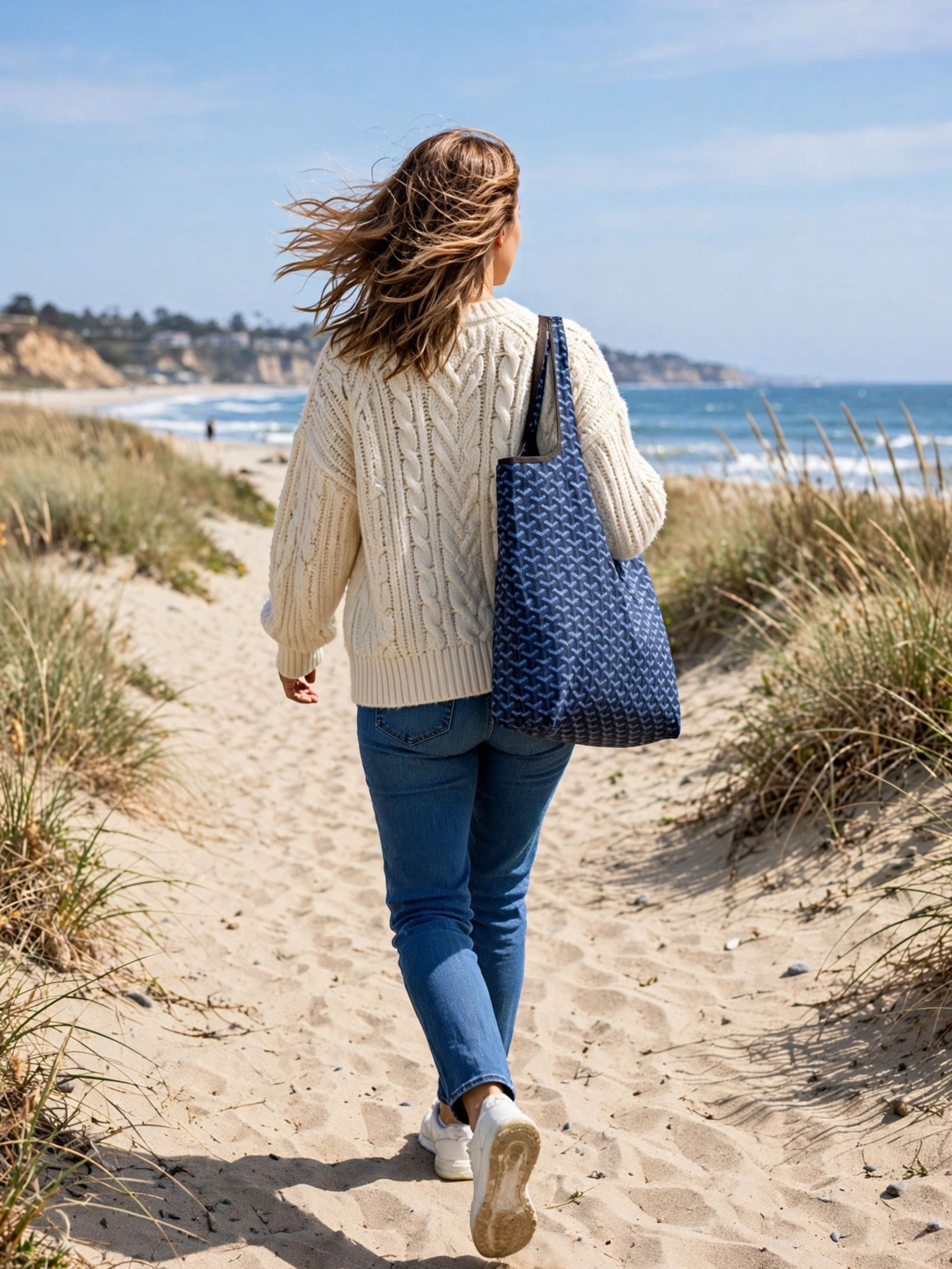 A woman walking on a sandy beach path from behind, wearing a cream cable-knit sweater, blue jeans, and white sneakers, while carrying a navy blue tote bag with a white geometric pattern.